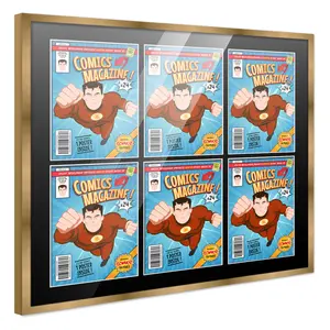 Comic Book Frame with Mat for 6 Silver Age Comics Published Between 1956 and 1970 - Bronze Wood Comic Frame With Black Mat for 7.125x10.5 Comics - 29x26 Frame Size