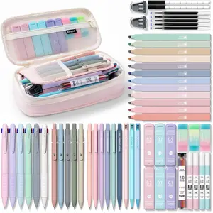 Four Candies 56/58 PCS Aesthetic School Supplies with Large Pencil Case, 6 Colored Ballpoint Pens, 12 Pastel Highlighters, 5 Black Ink Gel Pens, 9 Mechanical Pencils 0.5-2.0mm Student Essentials,girly office supplies,Writing Instruments Stationery Set