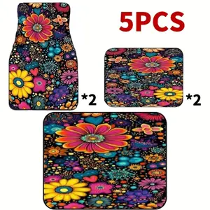 Waterproof Car Floor Mats Set 5 Pcs Trunk Mat Boho Floral Anti Slip All Weather Heavy Duty SUV Truck Durable Easy Clean Interior Accessories