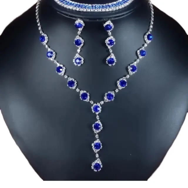 Royal Blue & Silver Rhinestone 3-Piece Jewelry Set | Necklace, Earrings & Bracelet for Prom, Wedding & Party