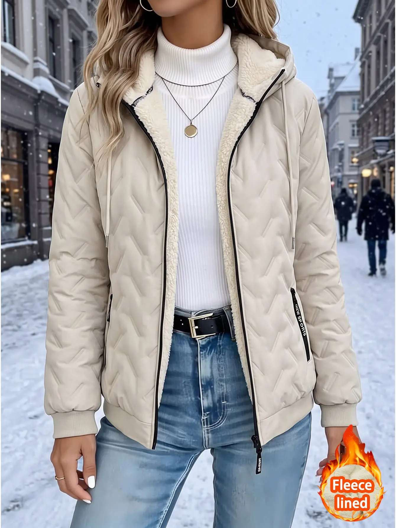 Women's winter hooded jacket with a fleece lined interior for added warmth and thickness.Wear resistant, abrasion resistant fabric with pockets.Loose long sleeve basic piece for everyday wear, suitable for daily commuting, shopping, and outdoor skiing act