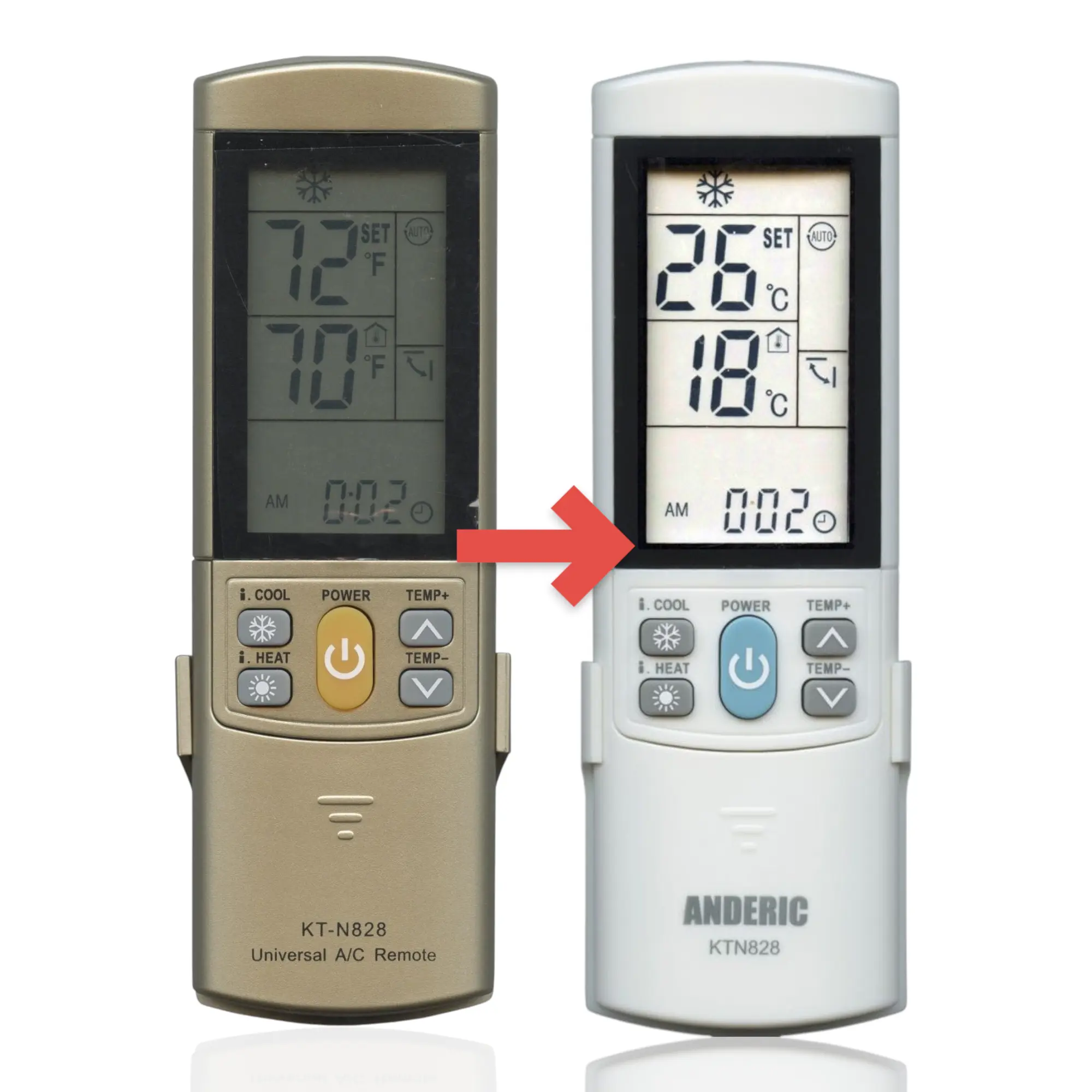 Anderic KTN828 (Gold) Universal Air Conditioner Remote Control with Built-in Clock, Backlit LCD - Compatible with 99.9% of Units, Mini Split, Commercial AC Systems