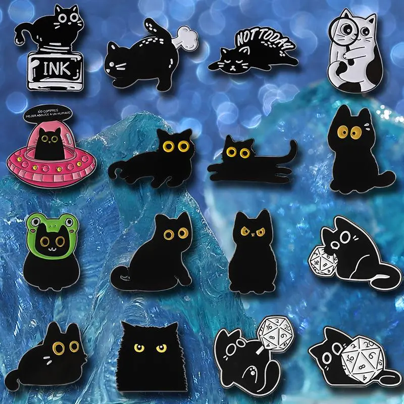 16pcs Cute Cartoon Black Cat Animal Brooches - Exquisite Metal Cartoon Character Badges, Everyday Clothing Backpack Accessories, Great Gift for Halloween, Christmas, Animals, Exquisite Metal Badges