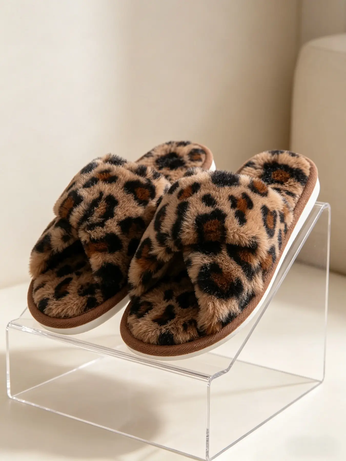 Women's Retro Leopard Print Plush Slippers, Soft Elastic Non-Slip, Comfortable Home Footwear, All-Season Casual Design