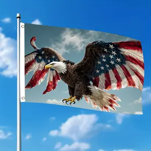 The front design features a majestic bald eagle soaring in the blue sky, its wings adorned with the American flag. This patriotic flag symbolizes freedom and national pride, making it suitable for use as a celebratory banner.