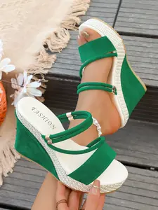 Elegant Wedge Heels for Women, Suede Thick Bottom Shoes with Ankle Strap, Breathable Faux Leather, Stylish Square Toe Design for All Seasons