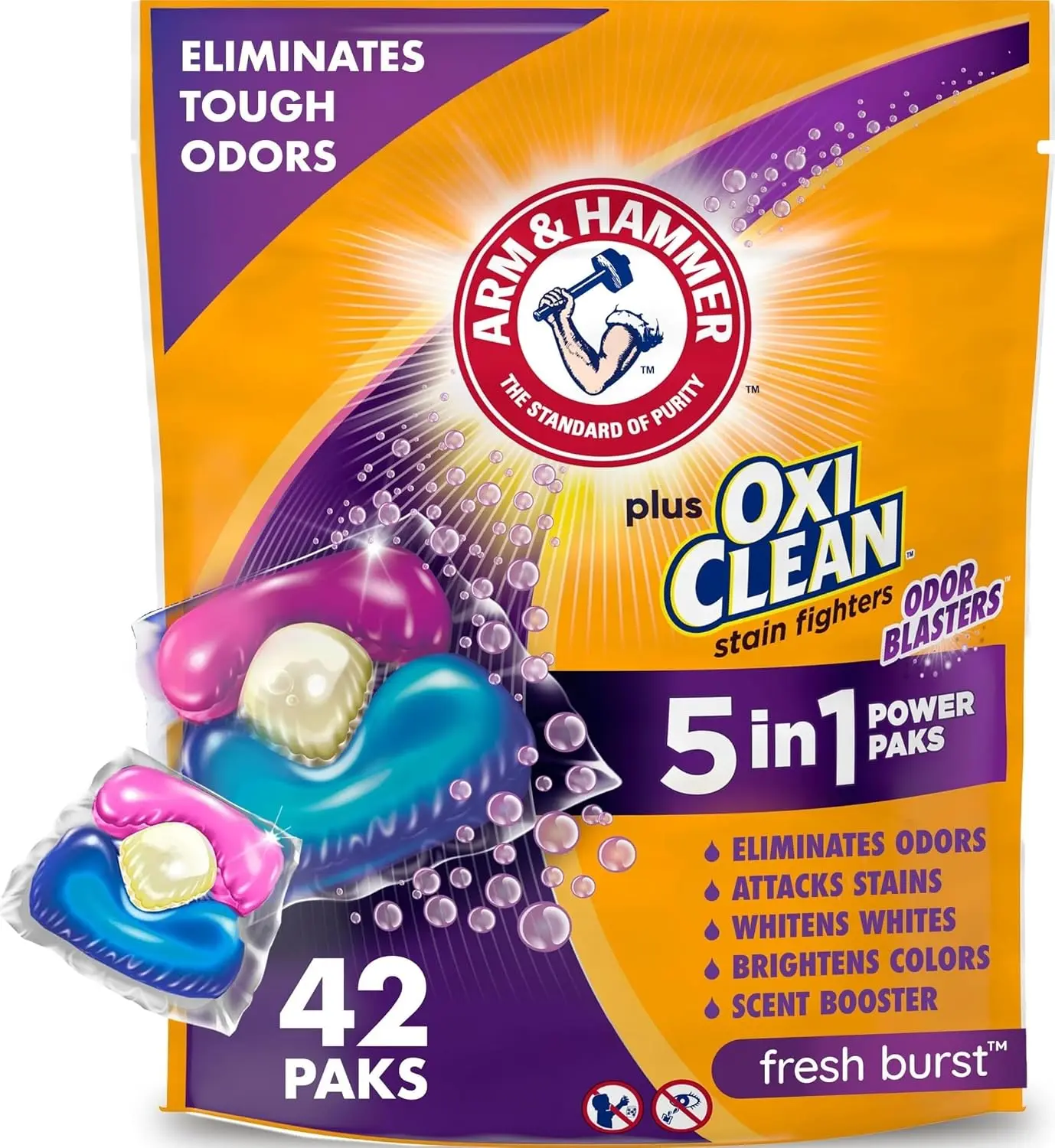 ARM & HAMMER Plus OxiClean Odor Blasters Laundry Detergent Pak, 42 Count | 5-in-1 Benefits, Eliminates Tough Odors, Attacks Tough Stains, Whitens & Brightens, Fresh Burst Scent