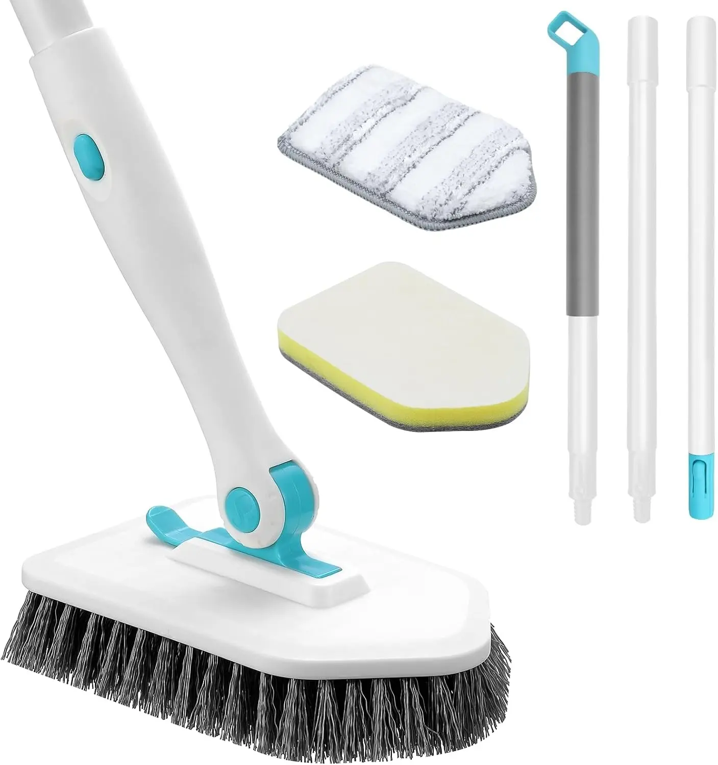 Shower Scrubber with Long Handle, 3 in 1 Tile Tub Scrubber Brush with 3 Detachable Cleaning Heads Adjustable Handle Shower Cleaner Brush for Bathroom, Kitchen, Toilet, Wall, Sink, Blue White