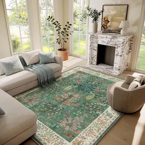 Palohom Washable Non-Slip Low-Pile Area Rug, Soft Faux Wool Floral Carpet, Stain-Resistant Lightweight Indoor Room Decor for Living Room, Bedroom