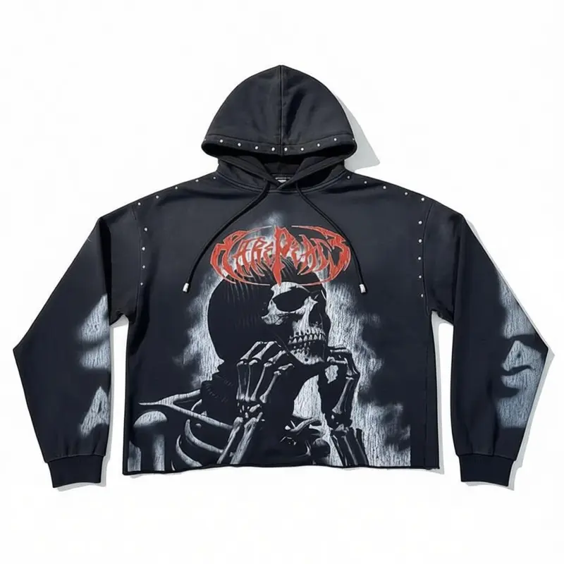 Rare Peace 'Bad' Oversized Cropped Rhinestones Hoodie (Black) RK5039