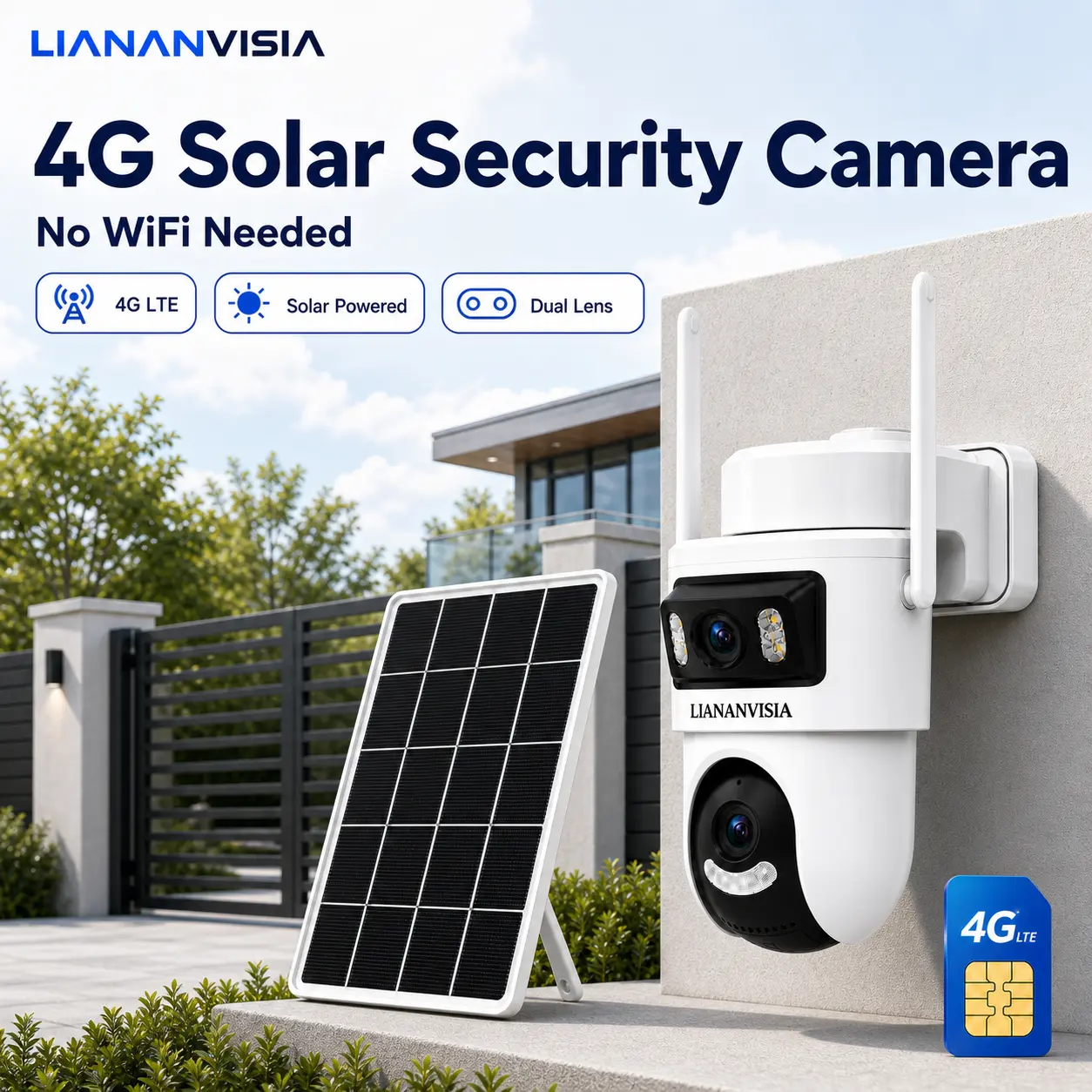 LIANANVISIA Solar-Powered 4G Security Camera Outdoor, Built-in SIM Card, No WiFi Needed, Dual Lens 2K PTZ Camera, Dual Screen Live View, 355° Pan 90° Tilt, AI Human Detection, Auto Tracking, Night Vision, Two-Way Talk, Light & Siren Alarm