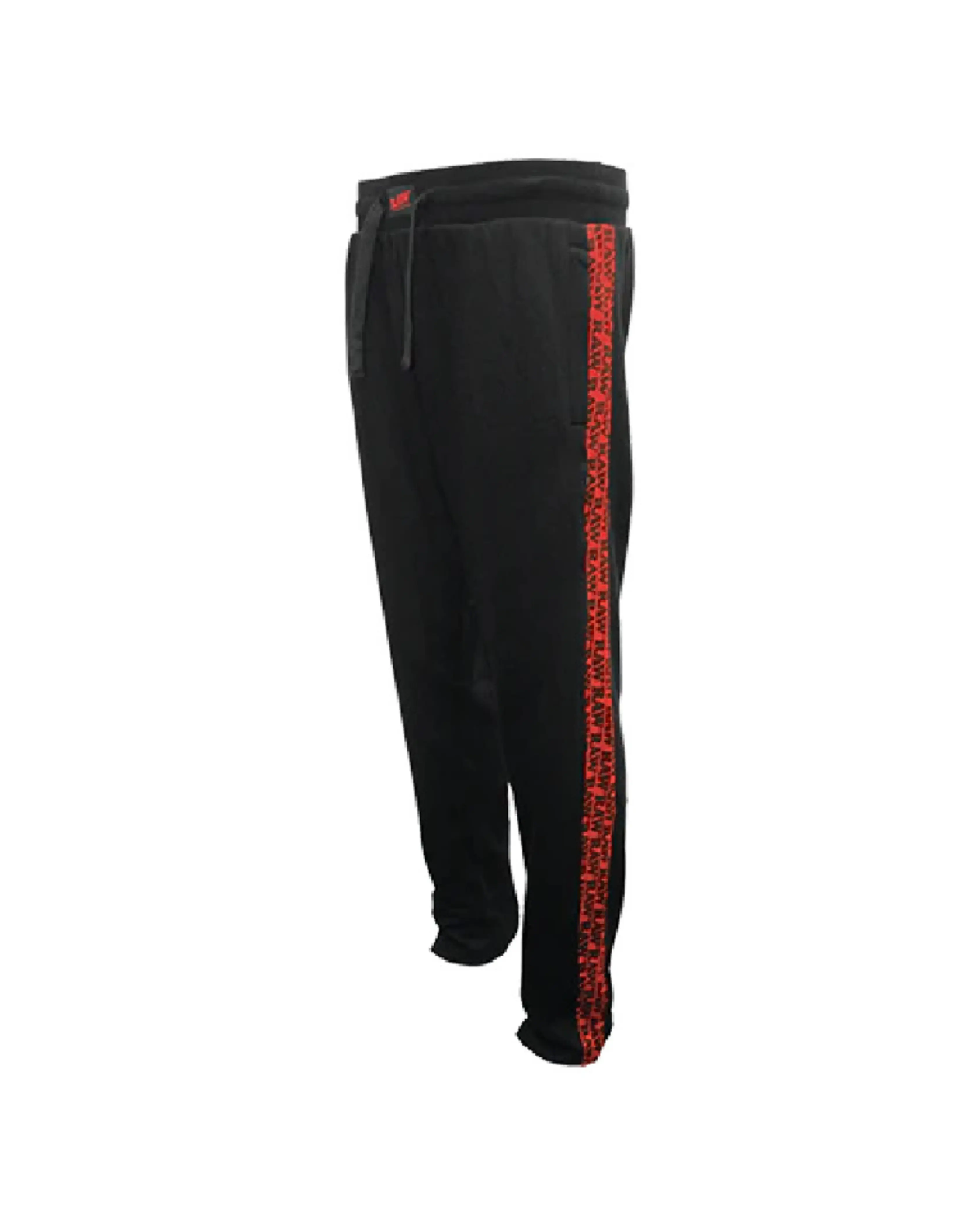 RAW Black Full-Length Athleisure Design Athletic Casual Pants, Soft Comfortable Fabric, Bold Red Side Logo & Stripe, Relaxed Fit, Machine Washable Everyday Casual Sport Bottoms