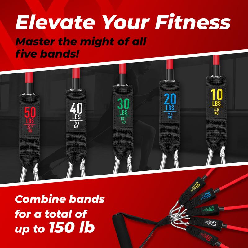 ASU Trainer Resistance Tube Bands Set with Handles, Ankle Straps and Door Anchor - 5 Levels of Toughness - 150 lbs Elastic Resistance Band Set