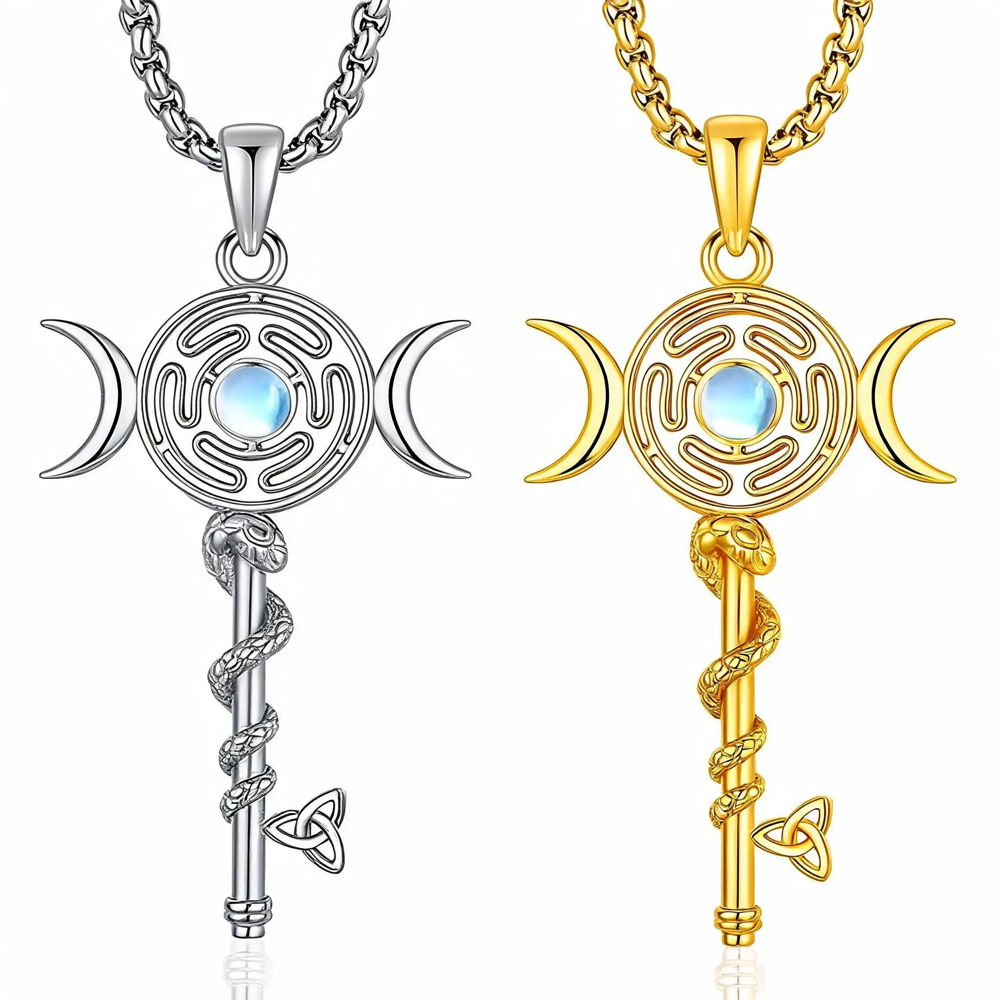 Drinsper 925 Sterling Silver Hecate Key Necklace Hekate Triple Moon Goddess Pentagram Wheel Key Pendant Hecate Wiccan Pagan Magic Witchcraft Tetragrammaton Amulet Jewelry Gifts for Women Men