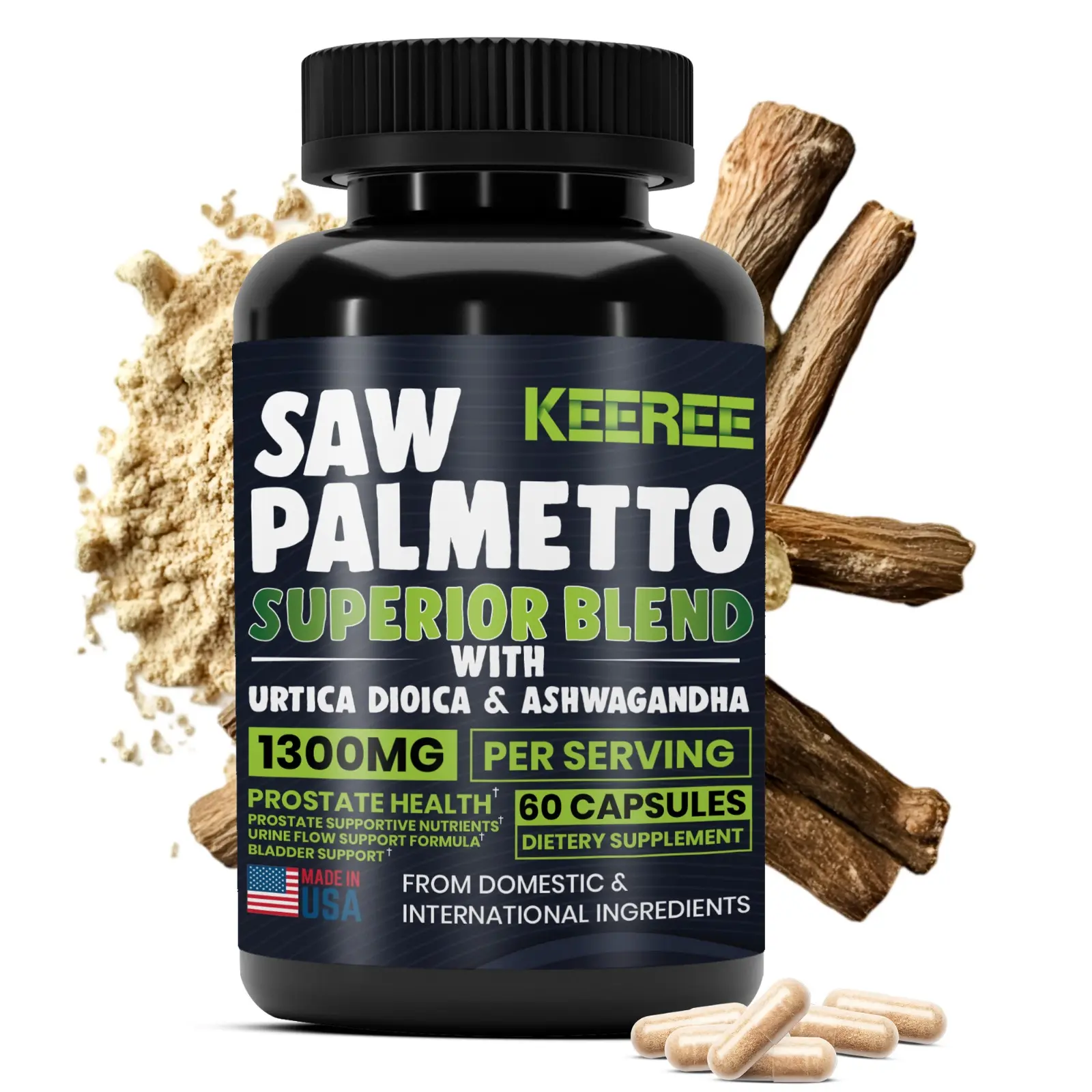 Keeree Saw Palmetto Superior Blend 1300mg - 60 Capsules - Advanced Prostate Support Formula with Urtica Dioica & Ashwagandha - Natural Ingredients for Hormonal Balance & Sleep Support Men's  Multivitamin with Saw Palmetto Pure