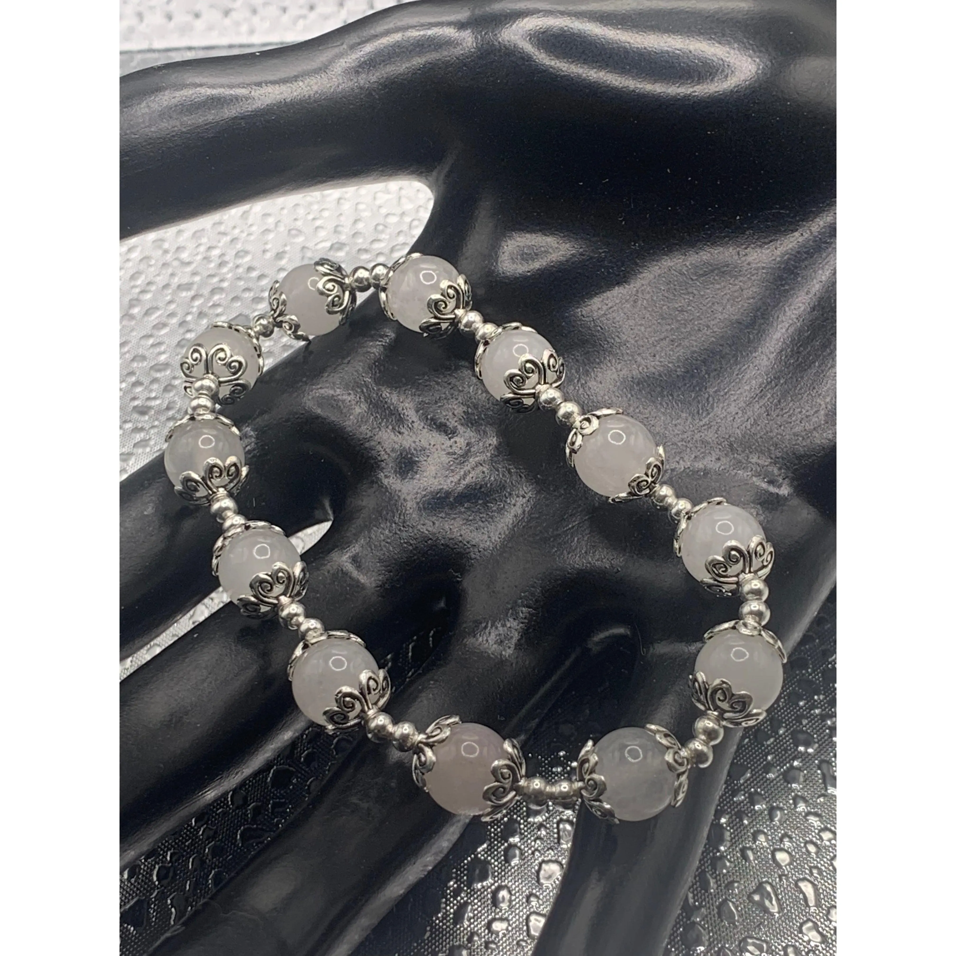 White chalcedony semi precious stone/crystal beaded elastic bracelet with silver plated spacers & bead caps