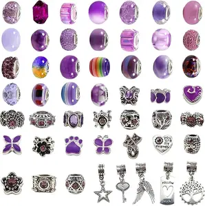 100pcs Assorted European Large Holes Beads Purple Spacer Lampwork Glass Craft Beads Assortments Rhinestone Metal Beads for DIY Charms Bracelet Necklace Jewelry Making
