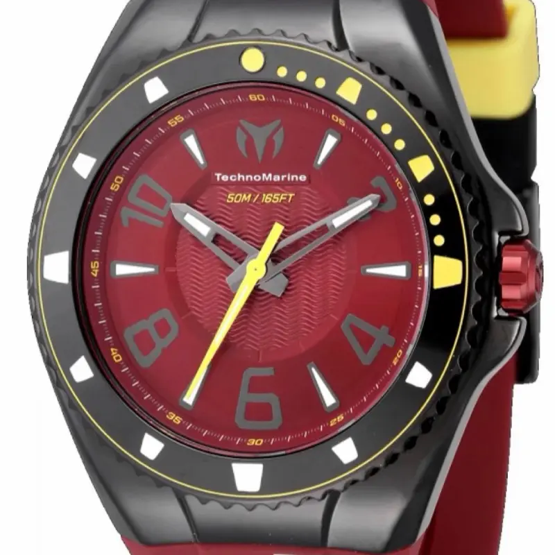 TechnoMarine F2 Racing Legends Men's Quartz Watch (Model TM-525008) - 44mm Stainless Steel Round Black Case, Dark Red Metal Dial with Mineral Crystal, Dark Red Silicone Buckle Strap, Waterproof Up to 50m #136
