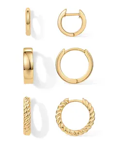 PAVOI 14K Gold Plated 3 Pairs Small Hoop Earrings Set - Sterling Silver Posts Plain Rope Wide Huggie Hoop Pack Earscape for Women