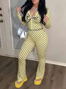 Lw Home Women's Casual Home Wear Set, Polka Dot Print Girl Letter Long Pants and Long Sleeve Zipper Top, Perfect for All Seasons