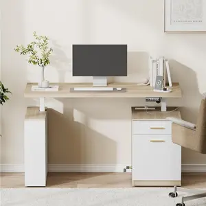 ModernMate 53" Electric Standing Desk with Drawers & File Cabinet, Home Office Executive Desk, Sit Stand Desk with Built-in Charging Station AC/USB, Large One-Piece Desktop, Light Walnut
