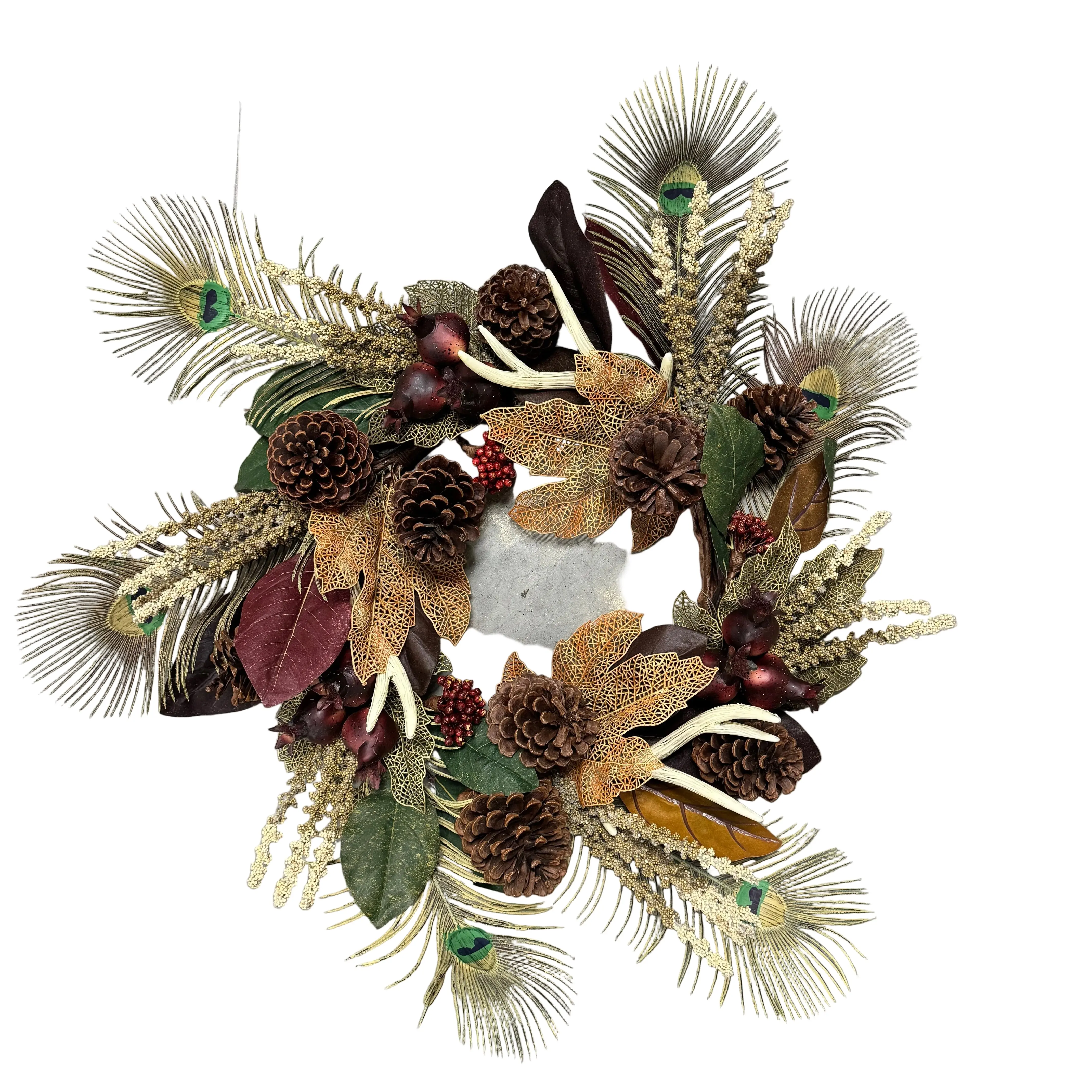 27" Peacock/Antler/Pine and Berry Wreath