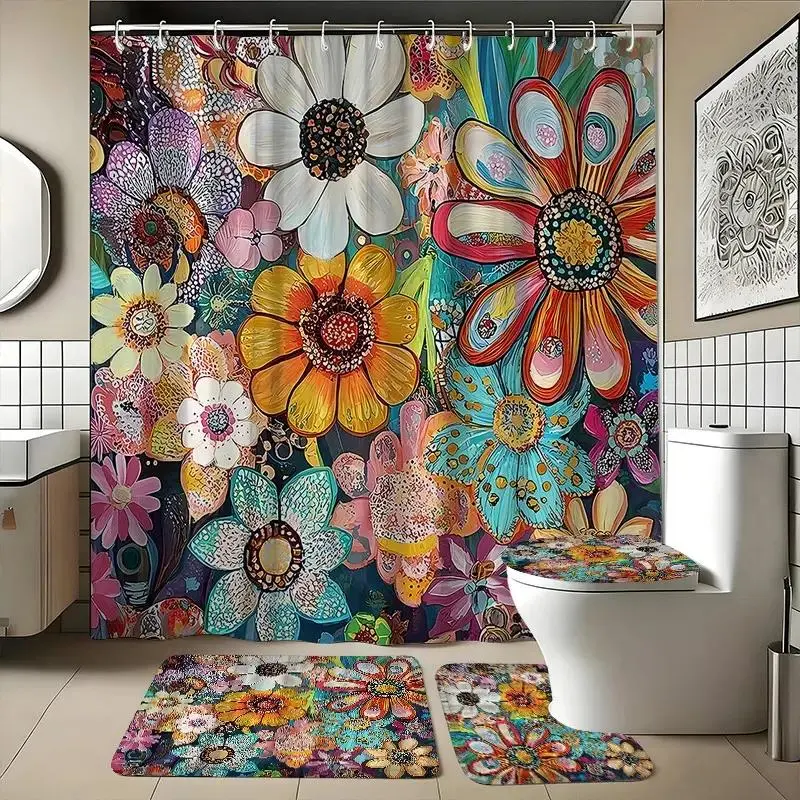4-Piece Retro Boho Flower Bathroom Decor Set - Waterproof Polyester Shower Curtain, Flannel Bath Mat, Toilet Seat Cover, 12 Hooks, Casual Style Holiday Gift
