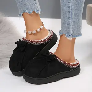 Women's Suede Bow Slippers Cozy Fleece-Lined Indoor Outdoor Slip-On Indoor Outdoor Shoes