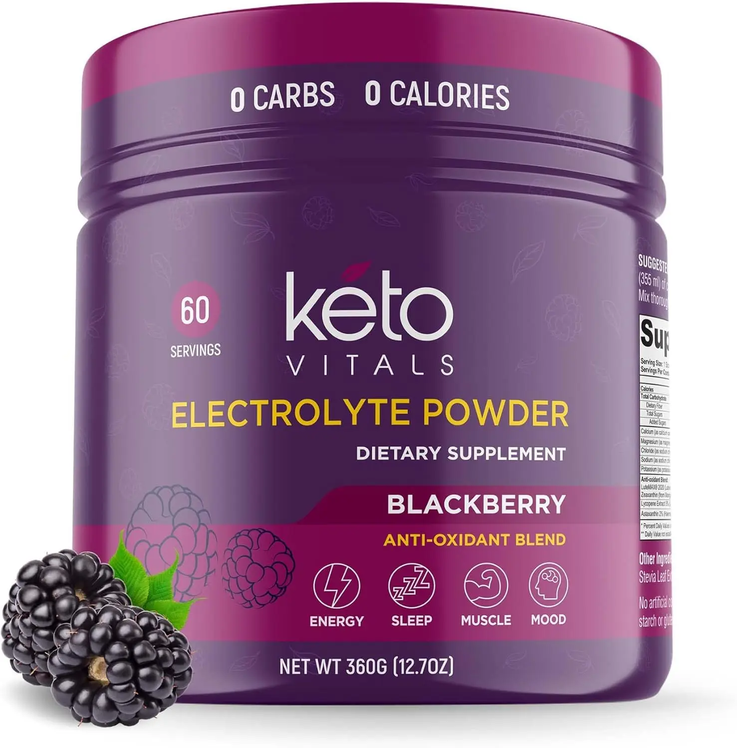 Keto Vitals Electrolytes Powder-Sugar Free Keto Electrolytes Powder with Potassium, Magnesium, Sodium, & Calcium - 60 Servings, Blackberry Supplement