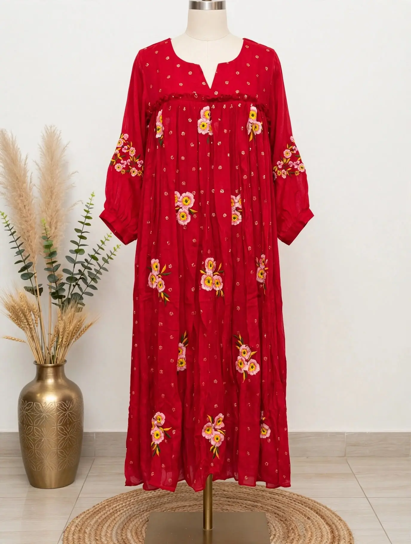 Red Floral Embroidered Chinon Tunic