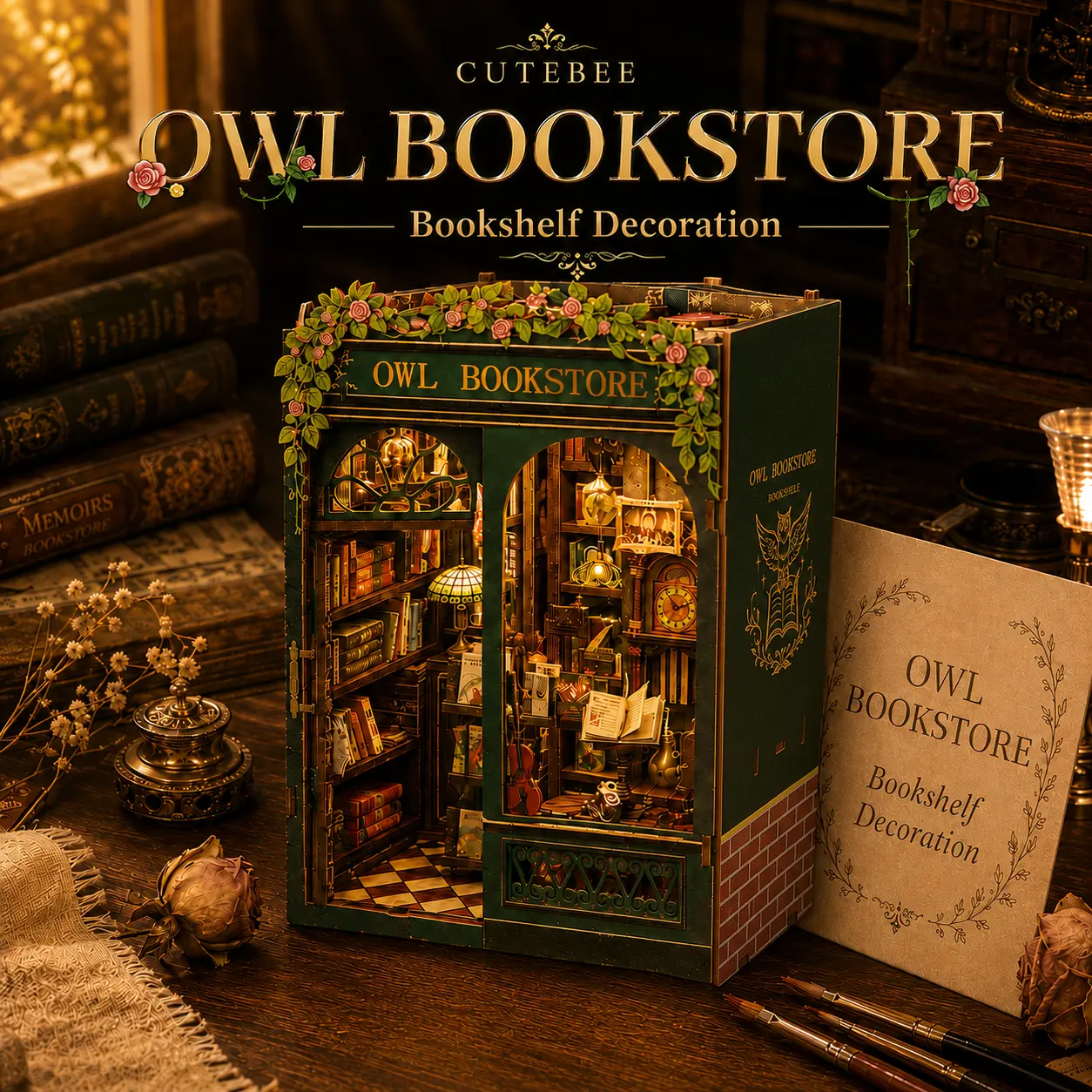 CUTEBEE DIY Wooden Decorative Miniature Bookshelf with LED Lights - Whimsical Unique Design, Aesthetic Home Decor, Bedroom Items, Dorm Room Decor, Ideal Gift for Creative Enthusiasts