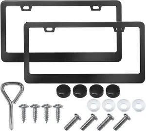 2 count Stainless Steel  License Plate Frames, 2 Holes License Plate Holder  Tag with Washers and Screw Caps, Universal Licence Plate Cover Auto Exterior Accessories for   (Black)
