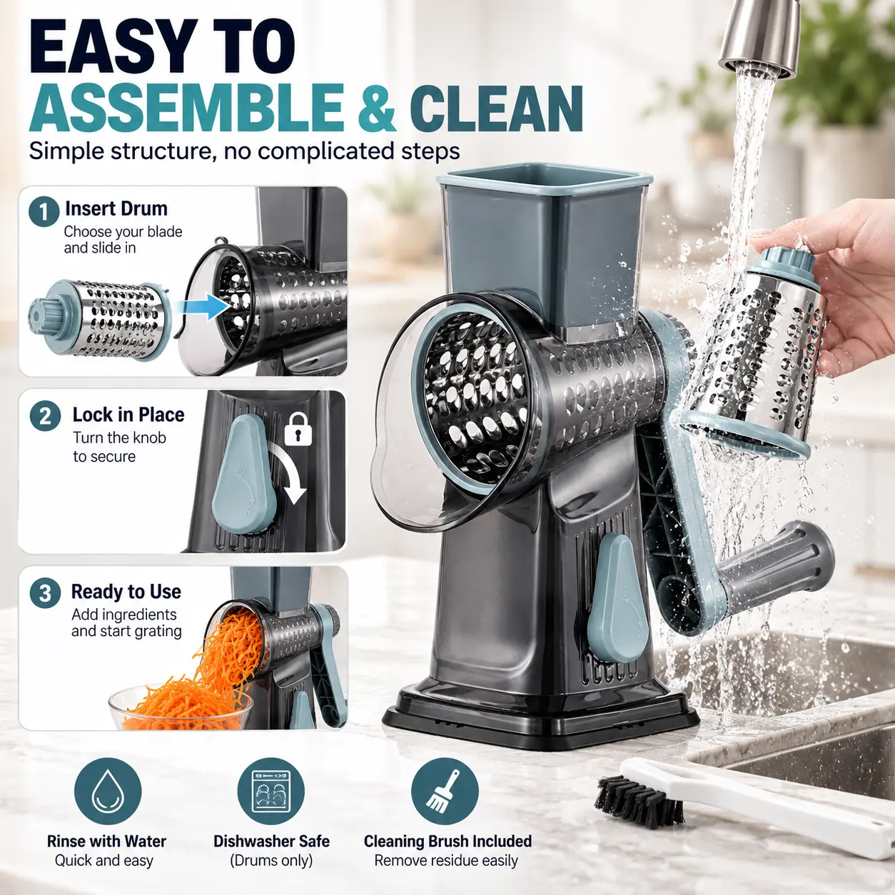 3-in-1 Multifunctional Stainless Steel Manual Vegetable Chopper - Kitchen Mandoline Cutter with 3 Interchangeable Sharp Blades for Meal Prep Cutting, Slicing, Dicing, Shredding