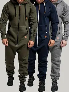 Set of 1 - Men's Hooded Fleece Lined Jumpsuit, Long Sleeve Full Zip Jumpsuit with Kangaroo BagGift