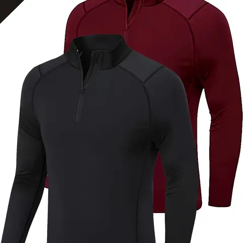 Men's Long Sleeve Quarter Zip Fleece Lined Running Shirt, Moisture-Wicking Quick-Dry Pullover, Slim-Fit Sportswear for Outdoor Workout Fitness Shirts Workout Tops