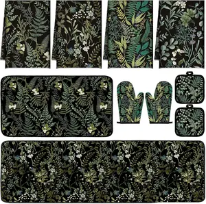 10 Pcs Sage Black Kitchen Decor Set Includes Kitchen Towels, Rugs, Oven Mitts and Pot Holders, Absorbent Towels for Baking Cooking BBQ, Ideal Home Decor Gifts