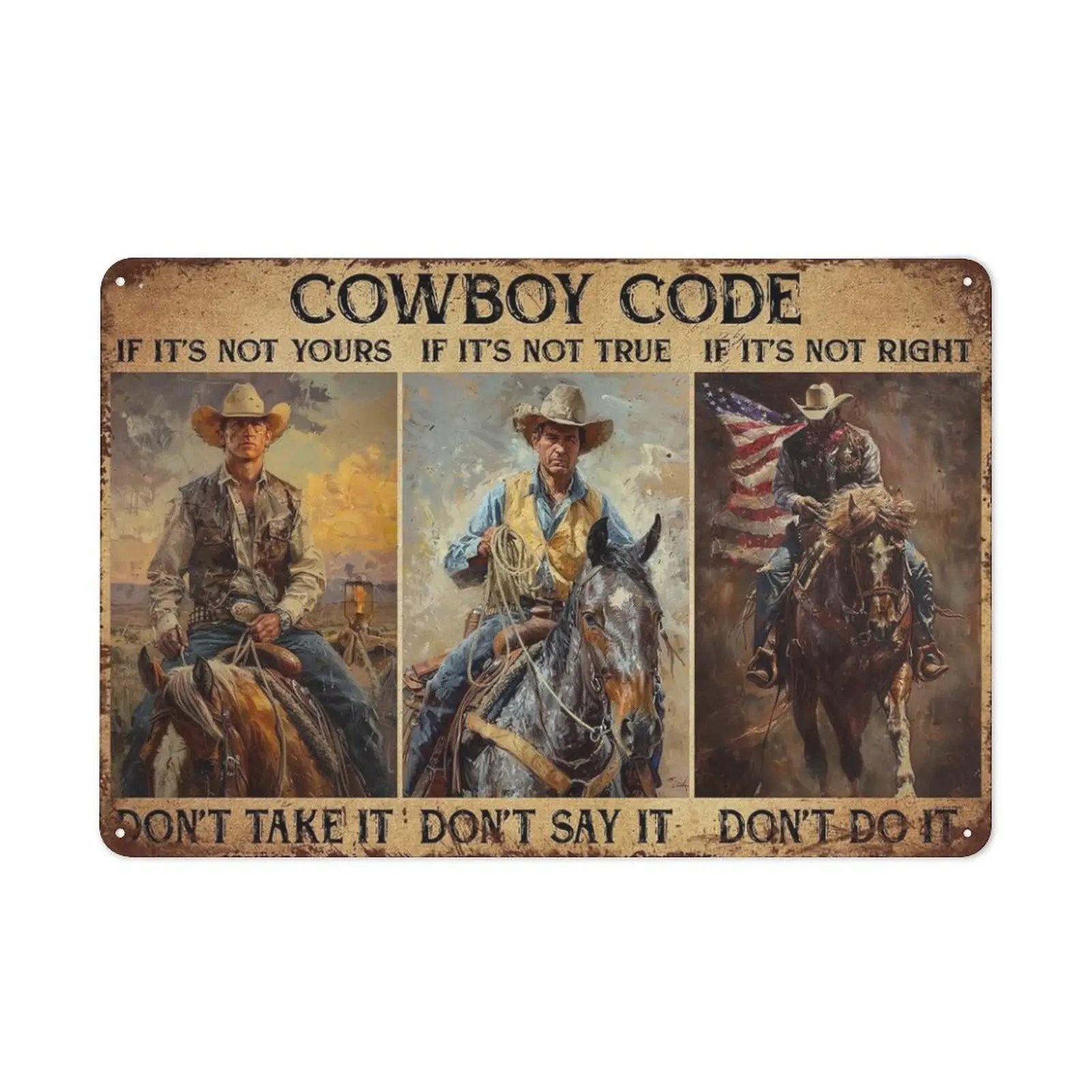 Cowboy Code Print Metal Sign - 12x8 in Waterproof Traditional Rustic Western Wall Decoration Tin Plaque, Mountable Man Cave Accent, Ideal Gift for Men, Water Proof