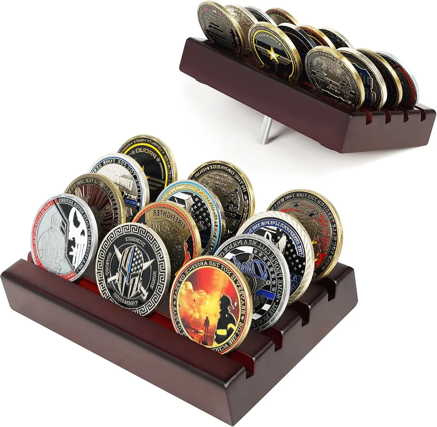 Challenge Coin Holder Display Case 4 Row Solid Wood Military Coin Rack Small Army Coin Stand Holds 12 Coins, Mahogany Finish.