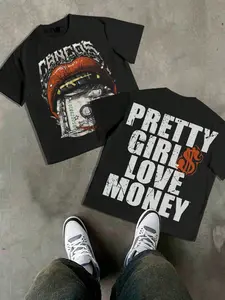 Men's Fashion Print T-Shirt, Loose Short Sleeve, Lip & Dollar Pattern, Back Says 'pretty Girl Love Money'