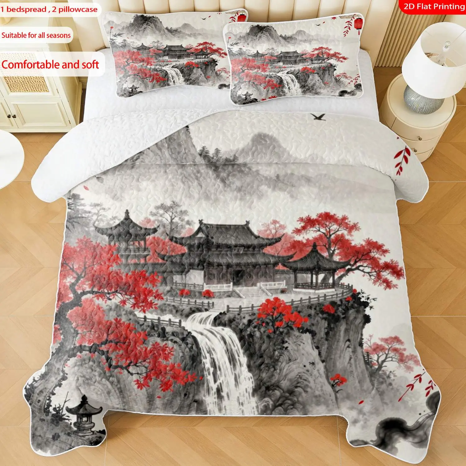 3pcs, 2D flat print Chinese ink painting style red maple mountain temple theme Quilted Bedspread Set multiple sizes available, bedding set, festive decorative bedding, ideal for bedroom décor(1 bedspread , 2 pillowcase)
