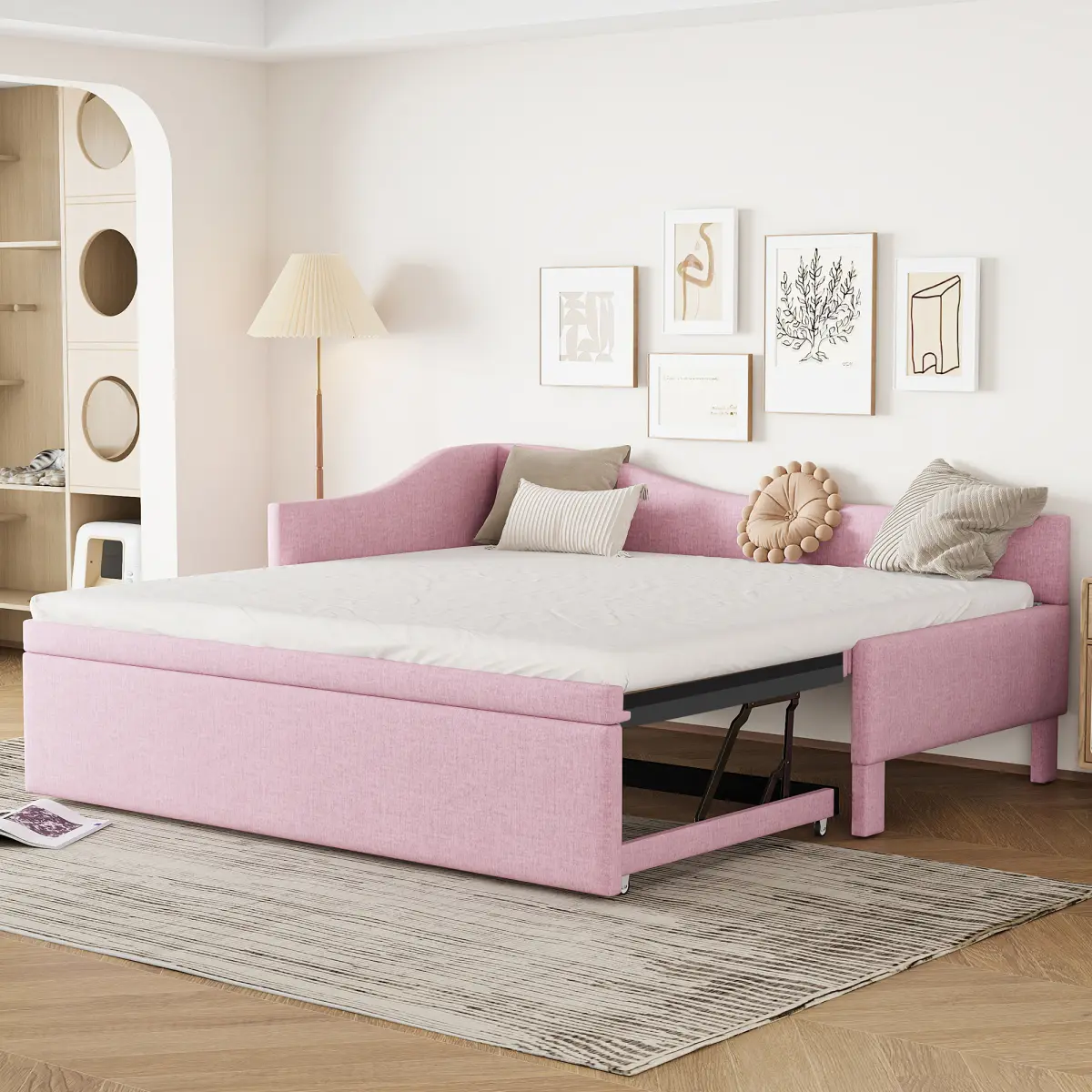 Twin Size Upholstered Daybed with Pop Up Trundle, L-Shaped Wooden Bed Frame with Trundle for Bedroom, No Box Spring Needed (Pink)