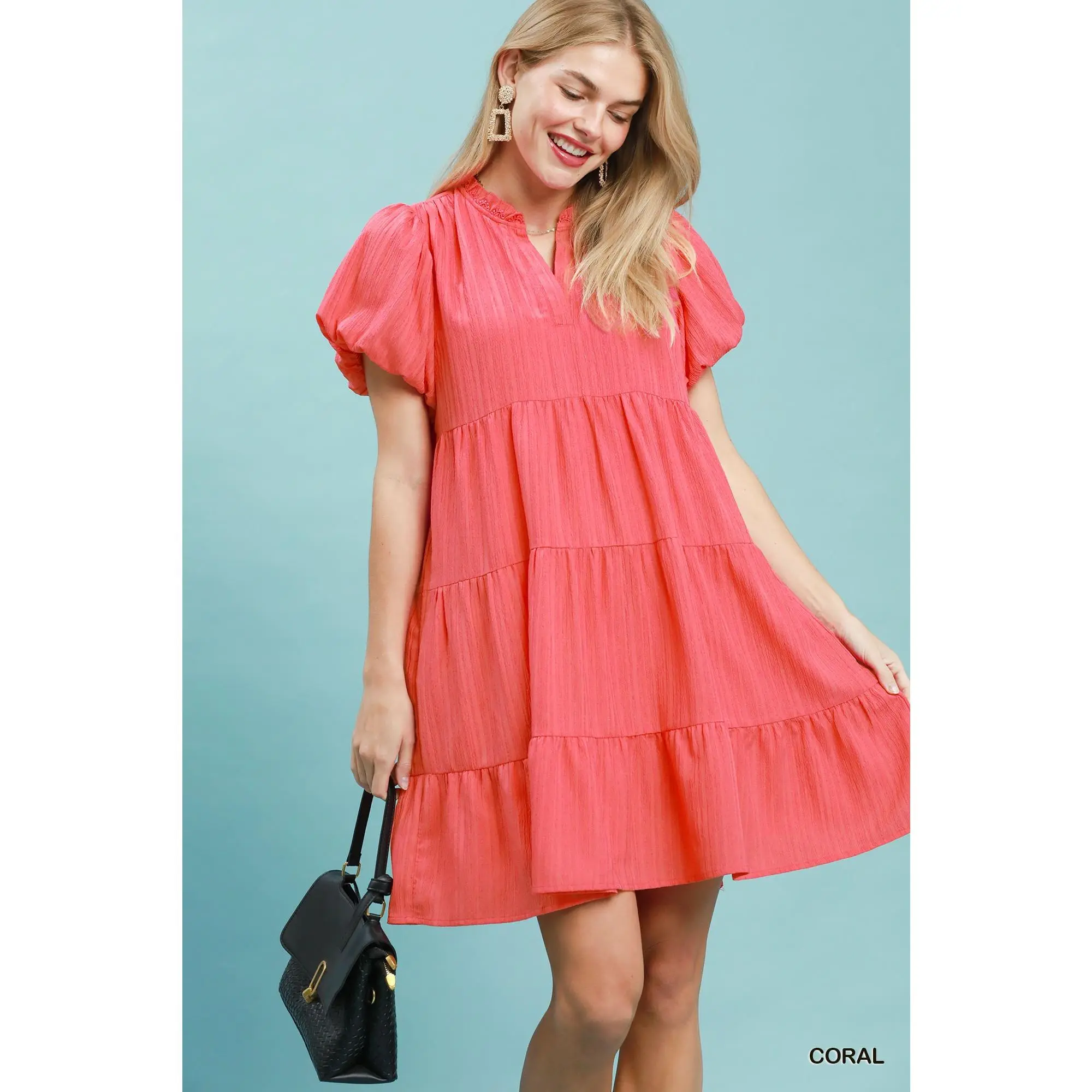 Umgee Puff Sleeve Tiered Babydoll Dress