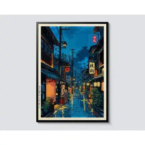 Tokyo Tea House Cartoon – Japanese Illustration, Anime-Style City Street Café Scene Wall Art Print, Modern Ukiyo-e Inspired Poster Decor