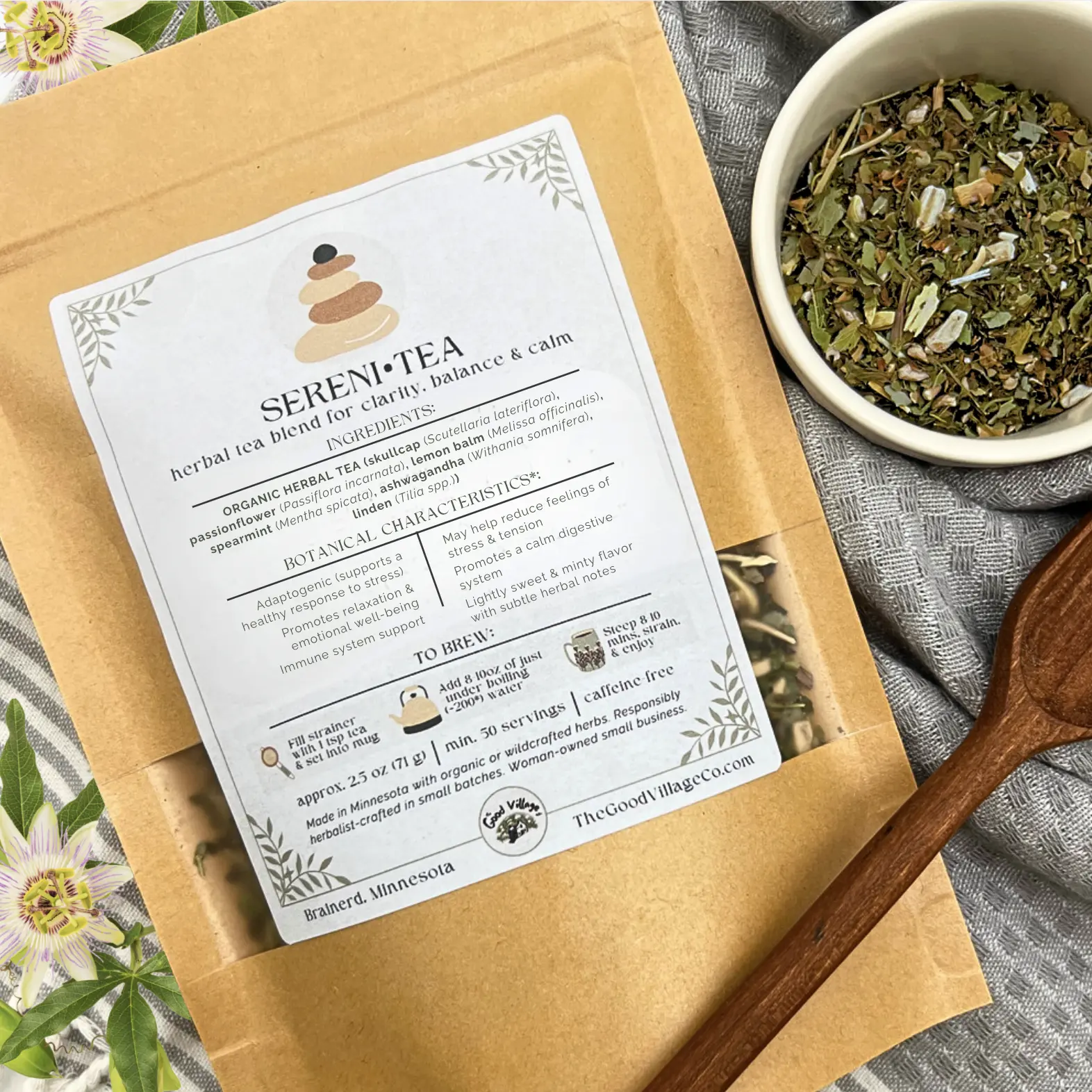 Sereni•Tea: Loose-Leaf Herbal Tea Blend For Clarity, Balance, & Calm (Caffeine-Free) Traditional Calming Herbal Beverage with Skullcap, Passionflower, Lemon Balm ,& Spearmint - 2.5oz Bag