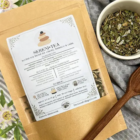 Sereni•Tea: Loose-Leaf Herbal Tea Blend For Clarity, Balance, & Calm (Caffeine-Free) Traditional Calming Herbal Beverage with Skullcap, Passionflower, Lemon Balm ,& Spearmint - 2.5oz Bag