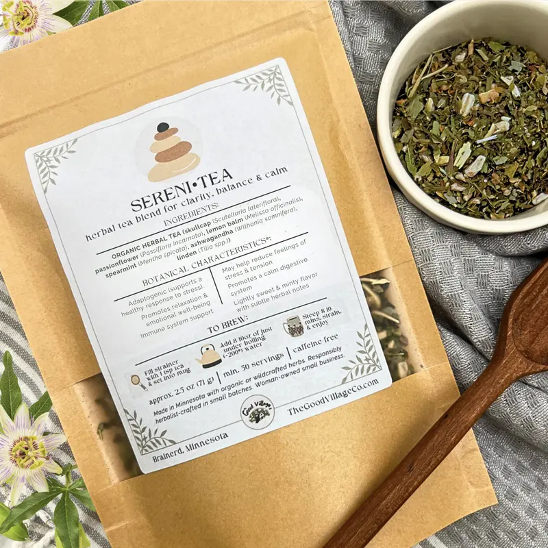 Sereni•Tea: Loose-Leaf Herbal Tea Blend For Clarity, Balance, & Calm (Caffeine-Free) Traditional Calming Herbal Beverage with Skullcap, Passionflower, Lemon Balm ,& Spearmint - 2.5oz Bag