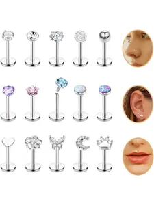 Shining 15 Pcs Silvery Tiny Piercing Jewelry Set Small 316F Stainless Steel Copper Lip Studs for Women Men Cute Internally Threaded Labret Lip Ring CZ Opal Flat Back Nose Rings Stud Cartilage Helix Tragus Earrings Piercings