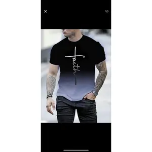 Men's gradient letter printed round neck T-shirt, summer casual breathable short sleeved round neck T-shirt, fashionable men's daily wear