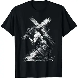 Streetwear Casual Shortsleeve Round Neck Cotton Graphic Tees  Jesus Carrying Cross Religious Christian Jesus Easter T-Shirt