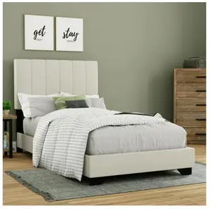 Reece Channel Stitched Upholstered Twin Bed Ivory Color Modern Design for Comfortable Sleep